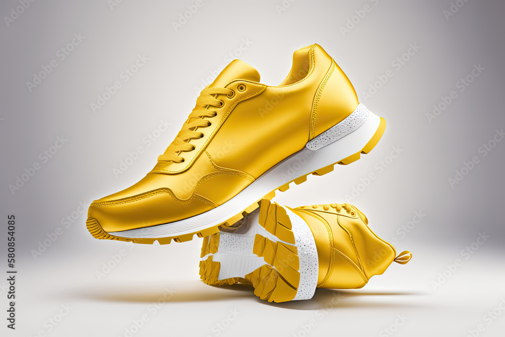 Flying yellow leather womens sneaker isolated on white background. Illustration AI Generative