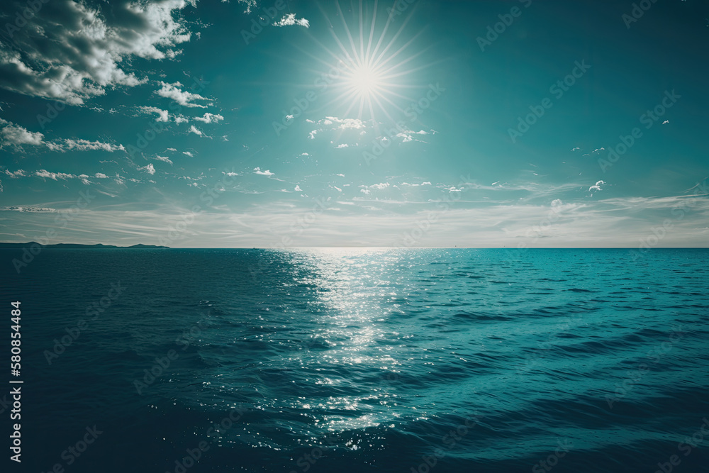 Sunny Sky Over Calm Water Of Sea Or Ocean. Natural Lands. Illustration AI Generative