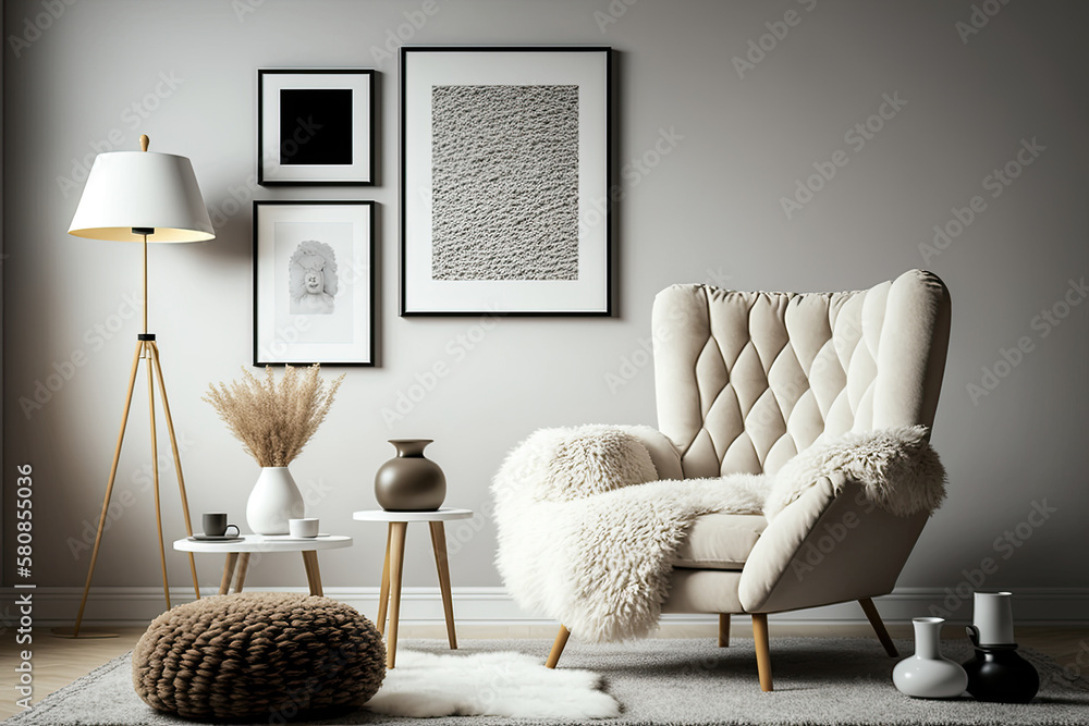 Minimalist composition of elegant living room space. Illustration AI Generative