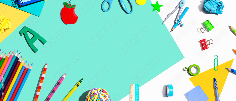 Collection of school supplies overhead view - flat lay