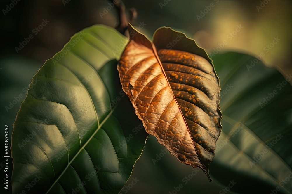 a coffee bean covered coffee tree leaf. coffee tree. narrow depth of field. Generative AI