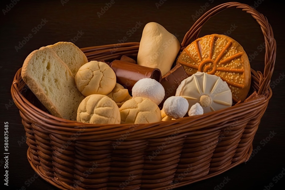 a basket containing some Mexican sweet bread pieces. Generative AI