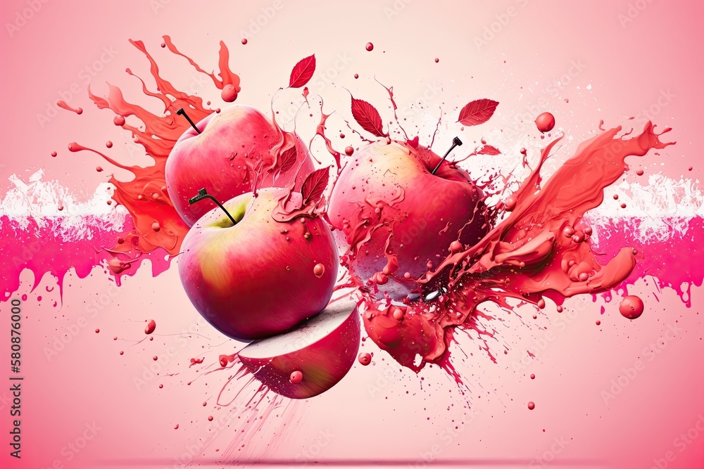 a pink backdrop with fresh red apples and a splash. Generative AI