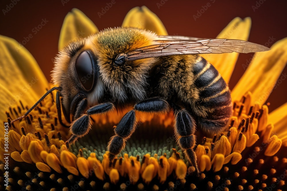 A macro of a bee on a sunflower. Generative AI