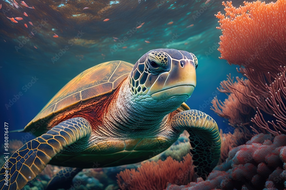 a close up of a sea turtle over a coral reef in Hawaii. Generative AI