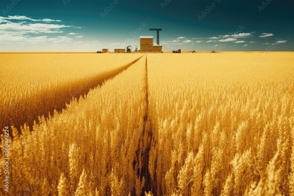 A beautiful yellow field against a blue sky. Agro industrial complex for the cultivation of cereals,