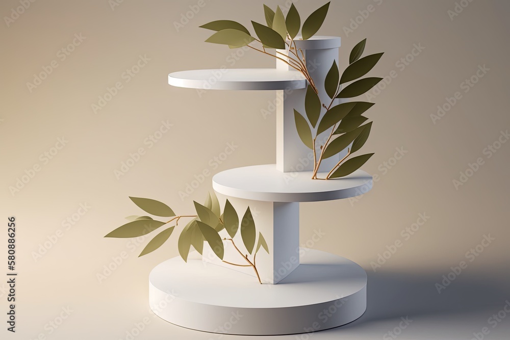 pedestal for displaying products in white with leaves made of bamboo. Generative AI