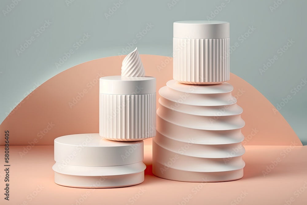 An illustration of a white cylindrical podium with four geometric steps for presenting cosmetic prod