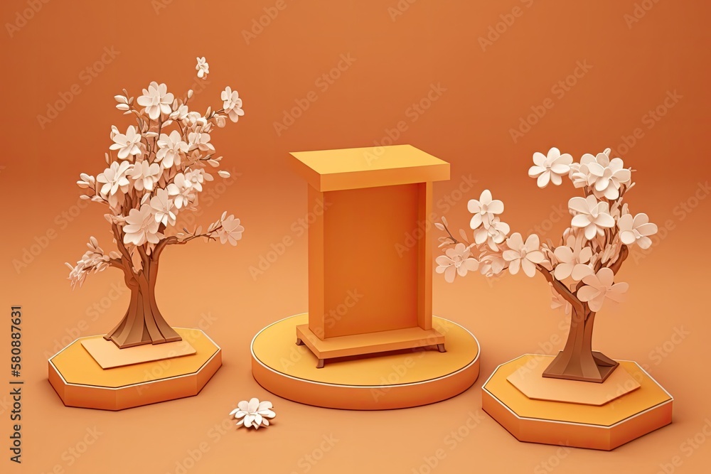 podiums for basic displays featuring Sakura (cherry blossom) flowers against an orange background. r