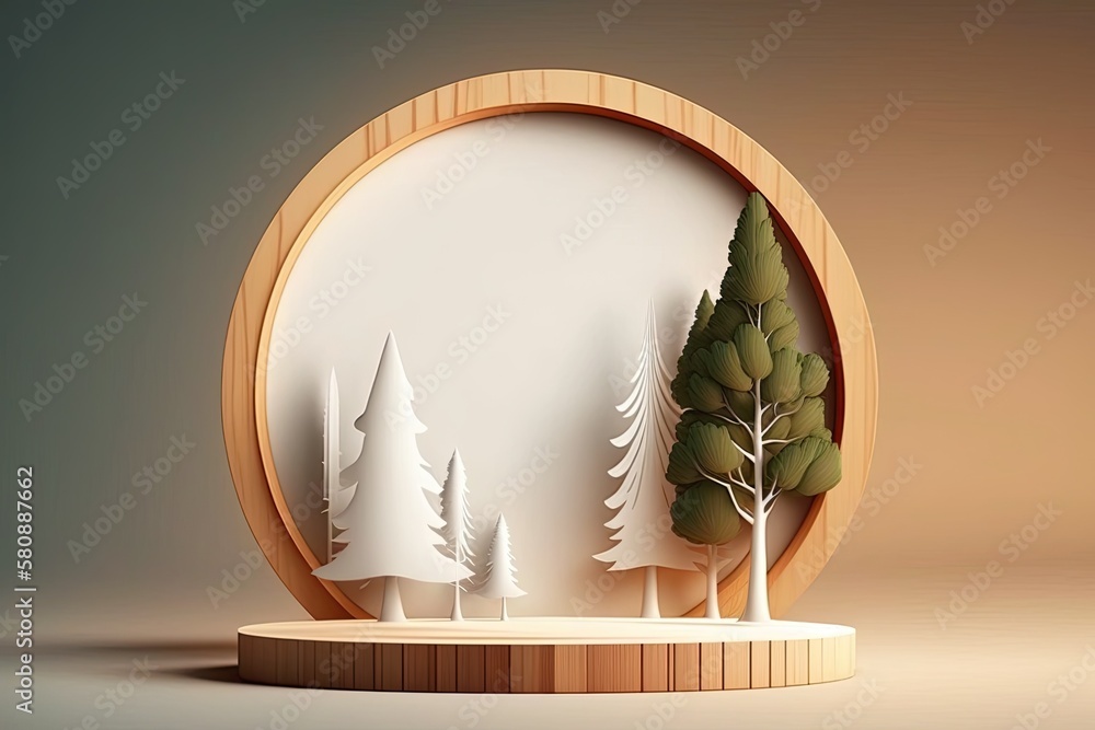 Eco rural pine tree wood disc podium with a background of white light and shadow. minimal product pr