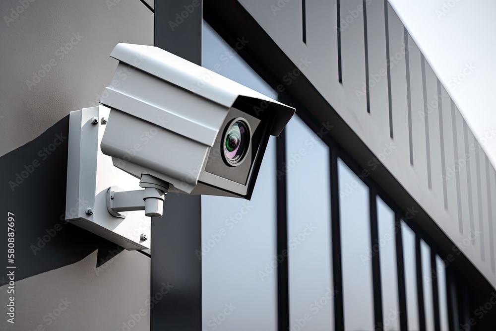 On a bright summer day, a single security camera is mounted on the metal beam of a modern office bui