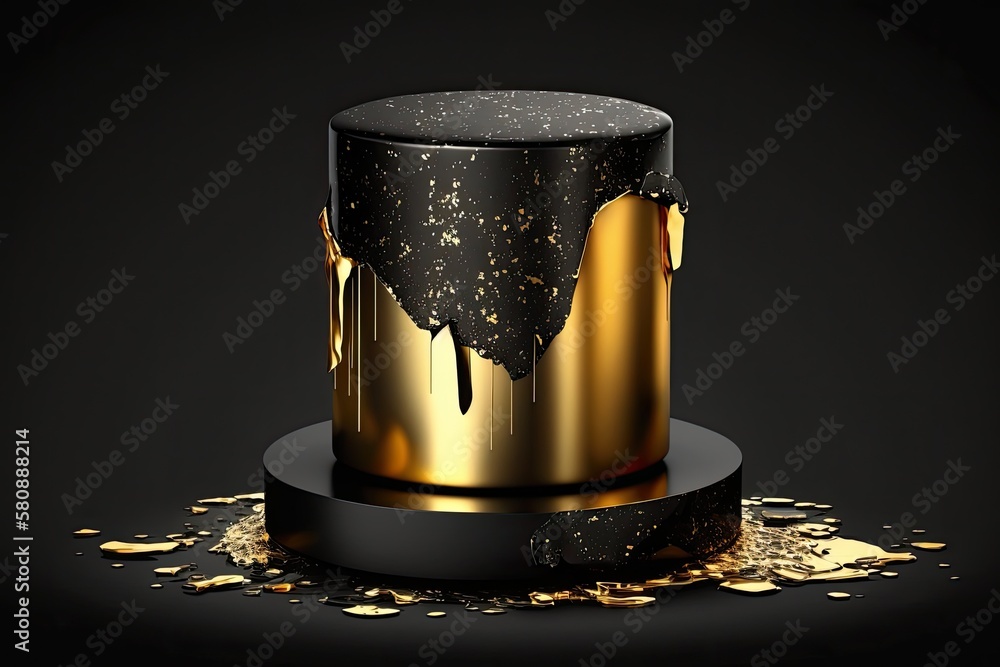 pedestal made of rough stone. Illustration of a black cylinder in dark water. design for gold glitte