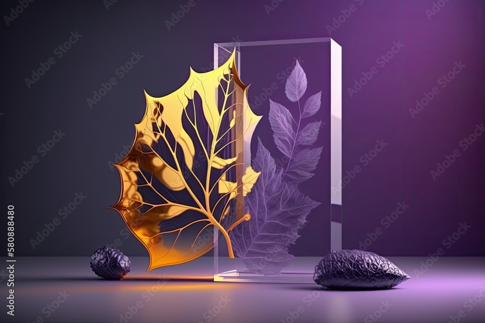 Abstract podium and purple door with leaf and sun shadows. Stage showcase with a purple background i