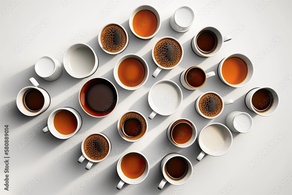 numerous coffee cups on a white desk text space in the top view. Generative AI