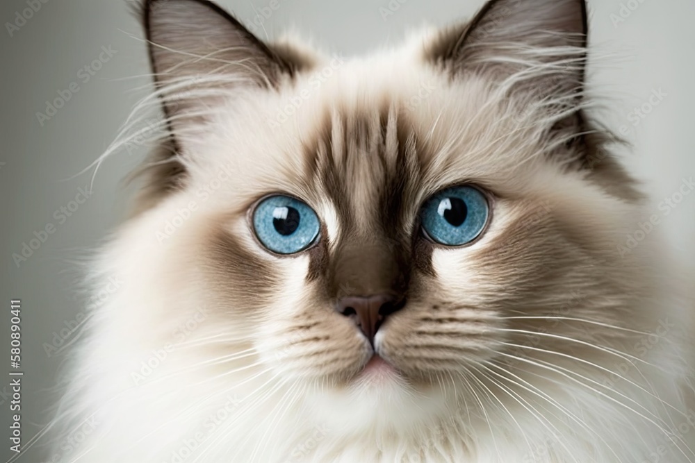 On a white background, a close up of a blue eyed ragdoll cat is shown looking behind. Generative AI