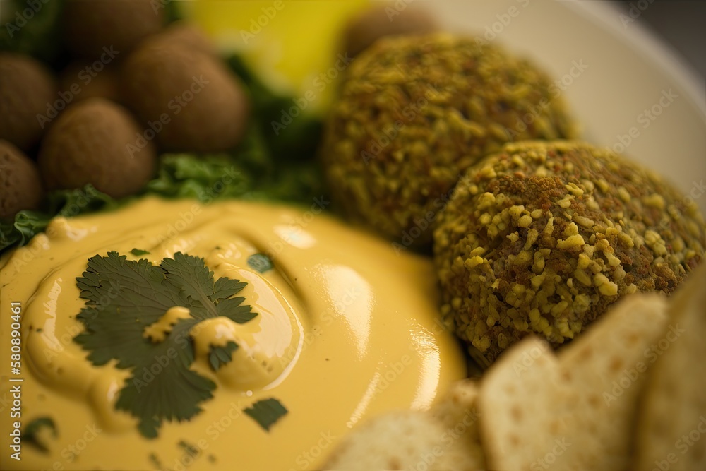 Close up of hummus and falafel. Generative AI