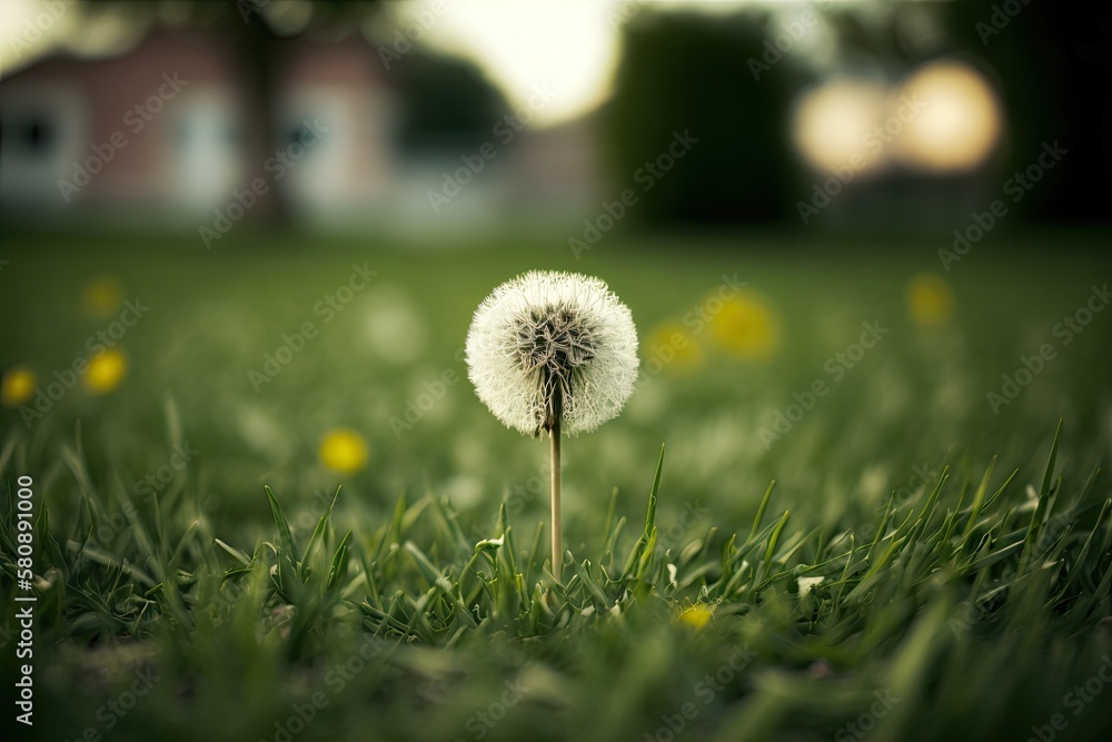 Ground level, shallow focus shot of a lone dandelion flower amid a lush, recently mowed lawn. Genera