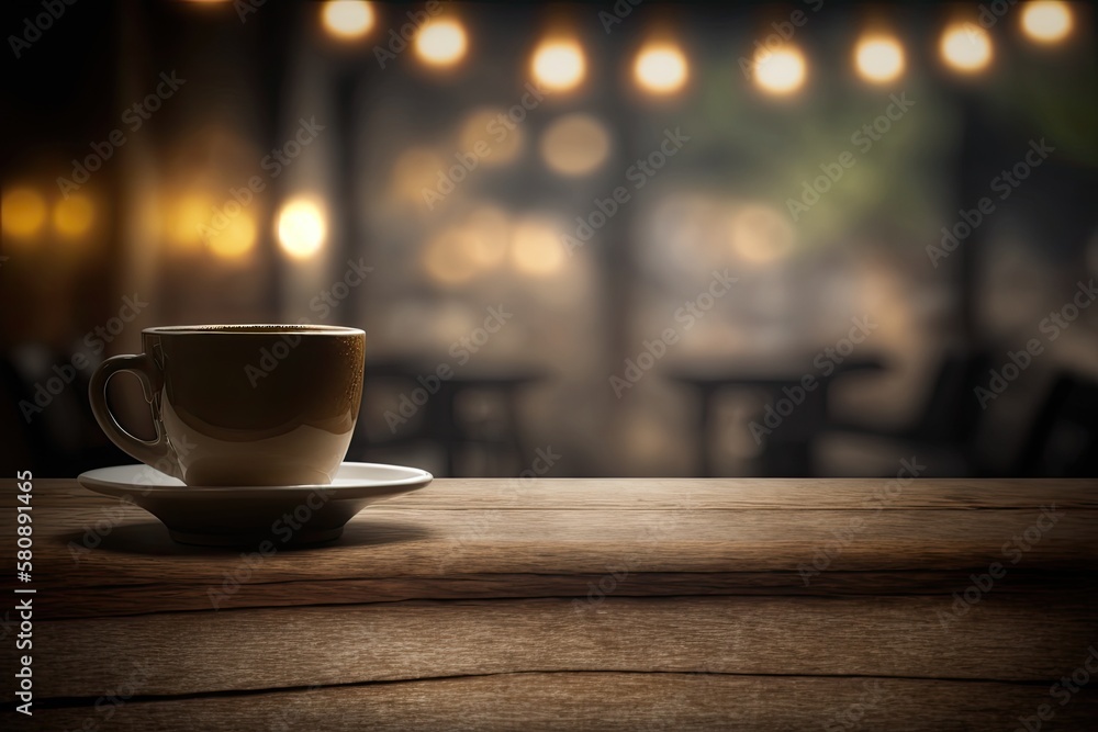 coffee cafe background with bokeh image and wood table. Generative AI