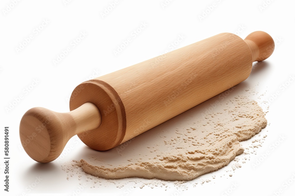 with a clipping path, an image of a wooden rolling pin on a white background. Generative AI