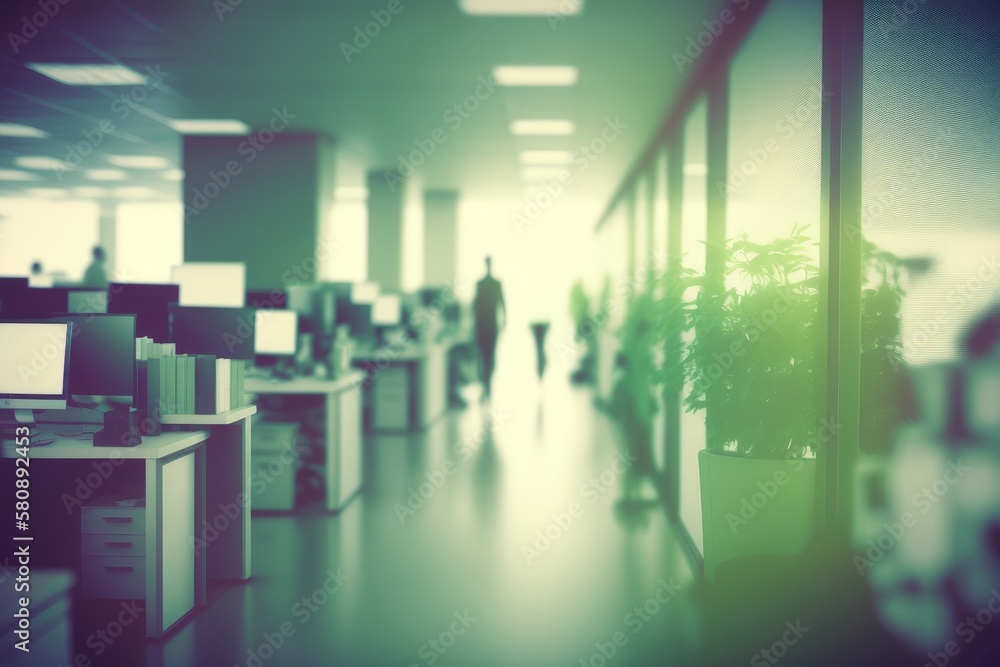 Business concept abstract blurring office interior space background. Generative AI