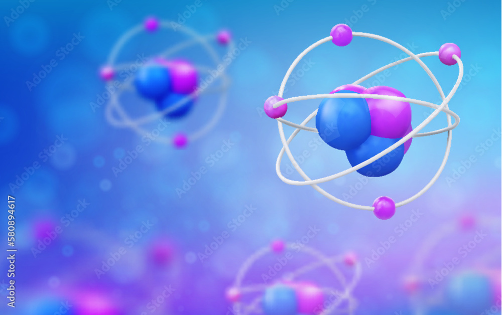 Atom close up. Realistic 3d vector with the effect low depth of field. isolated blue background