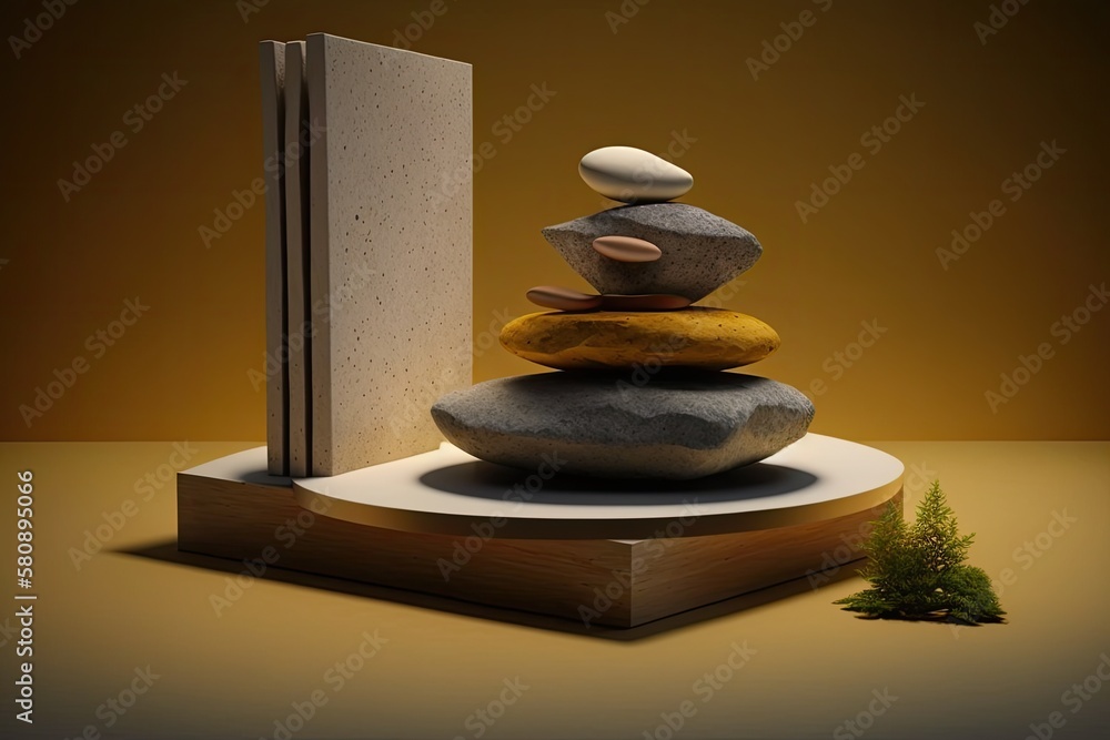 For a product presentation, a rock podium is set against an earthy background. Natural beauty pedest