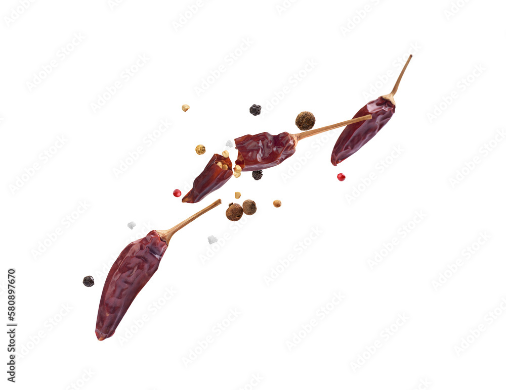 Spicy peppers with spices on a white background