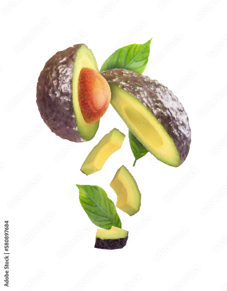 Ripe avocado slices and green leaves. Vector illustration.