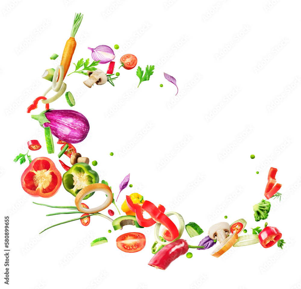 The concept of nutrition. Pieces of vegetables in the form of a wave on a white background.