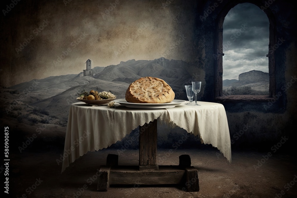 table with bread and vintage backdrop. Generative AI