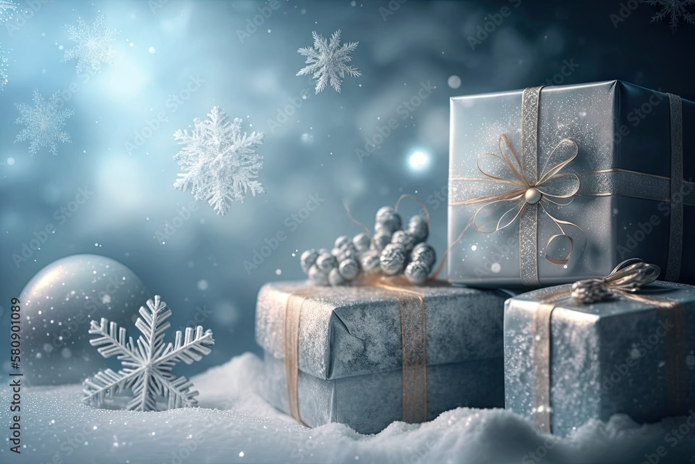 FROSTY WINTER BACKDROP FOR MONTAGE PRODUCTS AND CHRISTMAS PRESENTS WITH A COLD SILVER ICE BACKGROUND