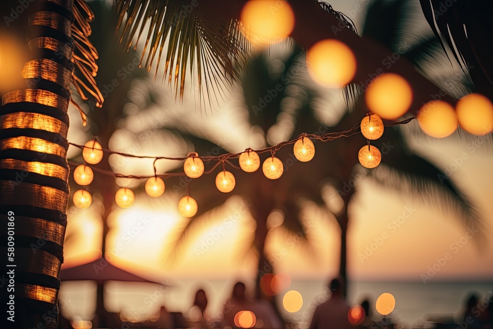 Sunset background of coconut palm trees with bokeh styled yellow string lights in an outdoor restaur