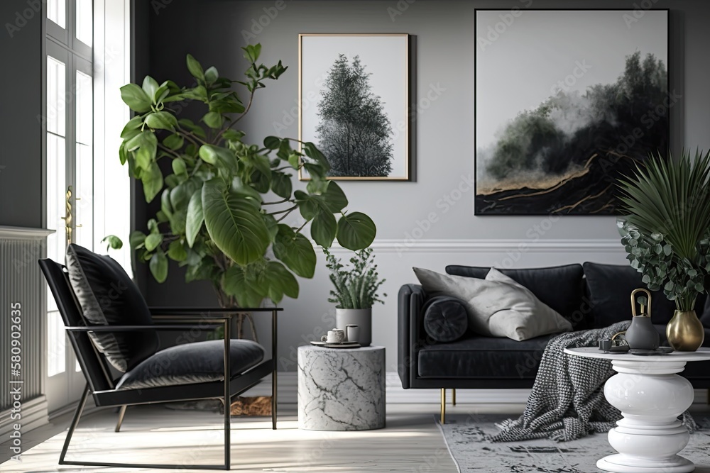 Stylish scandinavian home interior of living room with design gray sofa, armchair, marble stool, bla