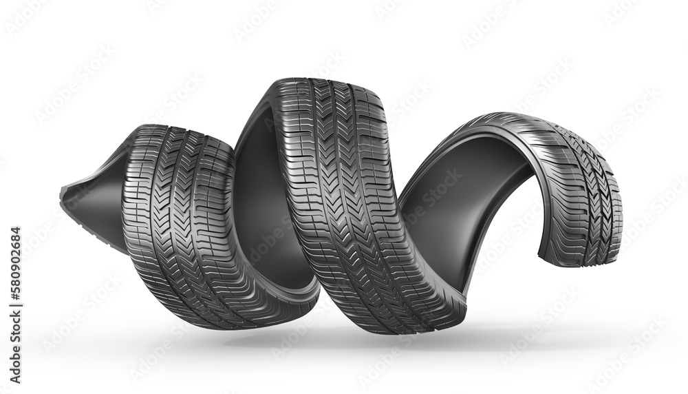 Car tire in form of helix on a white background. 3d illustration