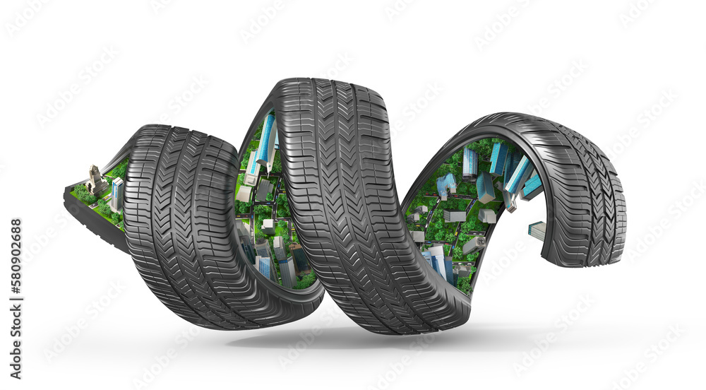 Car tire in form of helix on a white background. 3d illustration