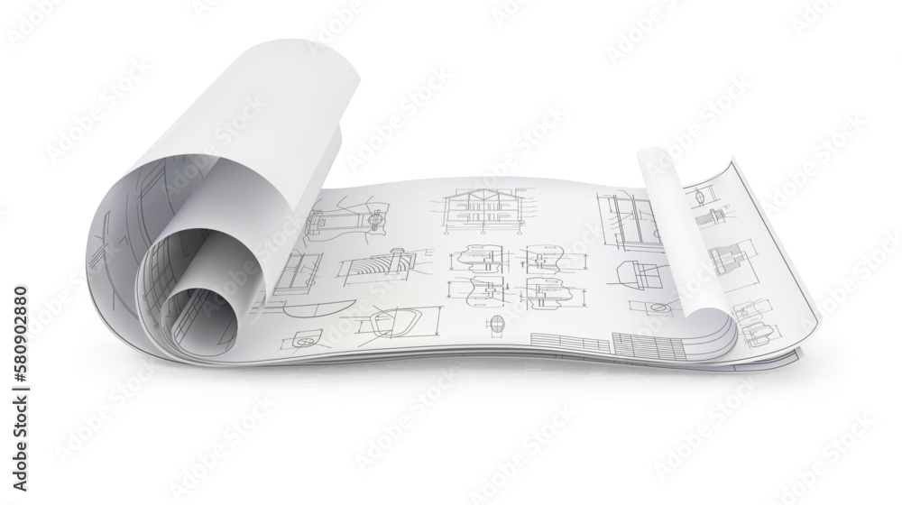 Several unfolded blueprints on a surface on a white background. Vector illustration