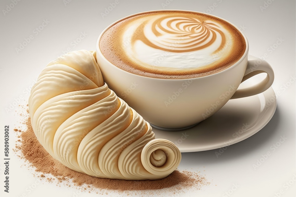 a nice croissant with latte art coffee on white. Generative AI