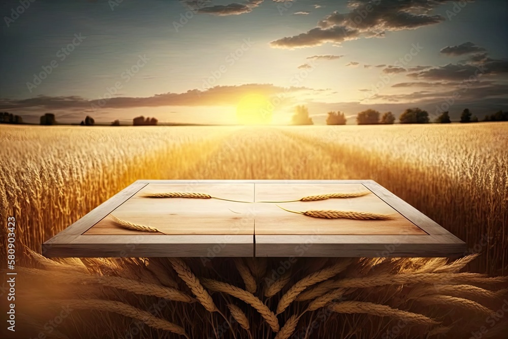 wood board table in front of field of wheat on sunset light. Ready for product display montages. Gen