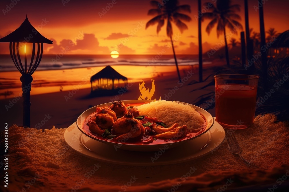 Indian curry during the holidays, with a sunset in the background. Generative AI