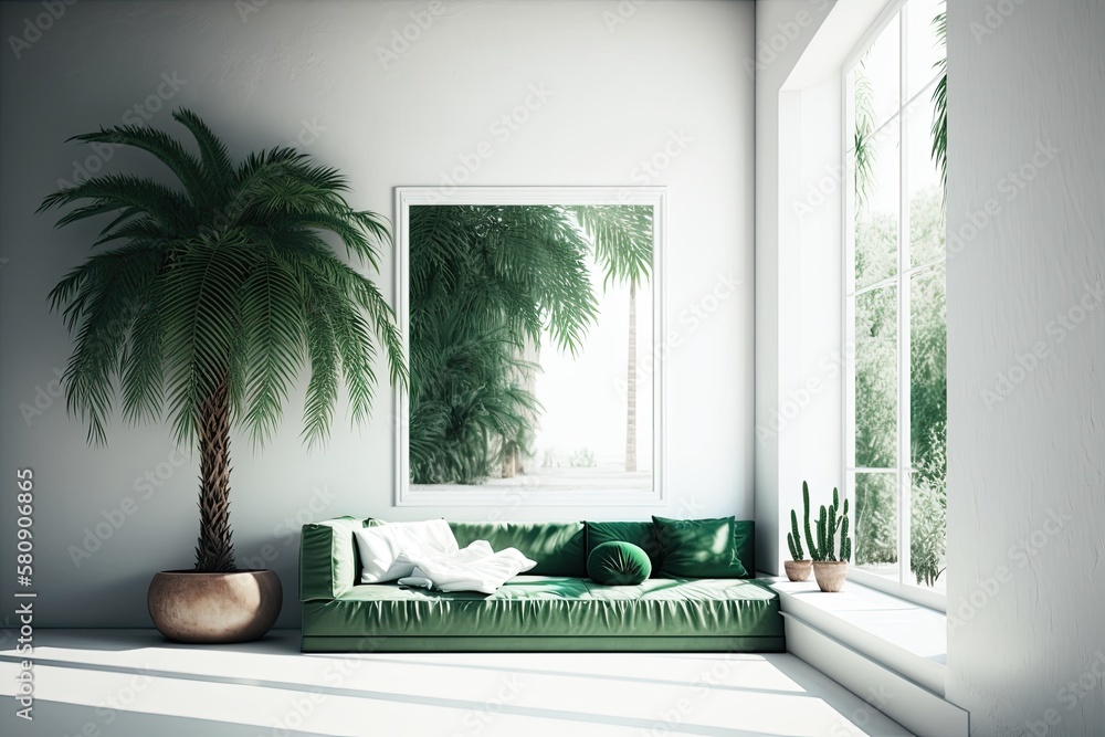 interior of a white room with a sofa window and a green palm tree. Generative AI