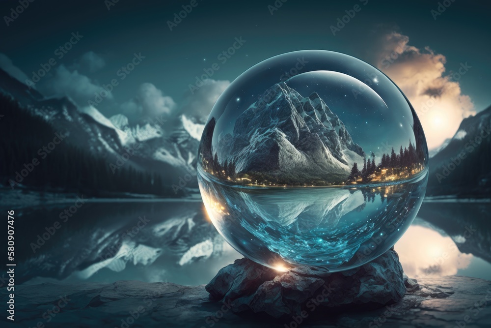 Magic sphere. Fortune teller, mind power concept. Crystal Ball reflecting water and sky. Generative 