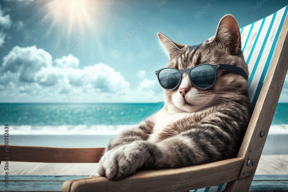 Cat lounging in sunglasses on a deckchair with the ocean in the backdrop. Generative AI