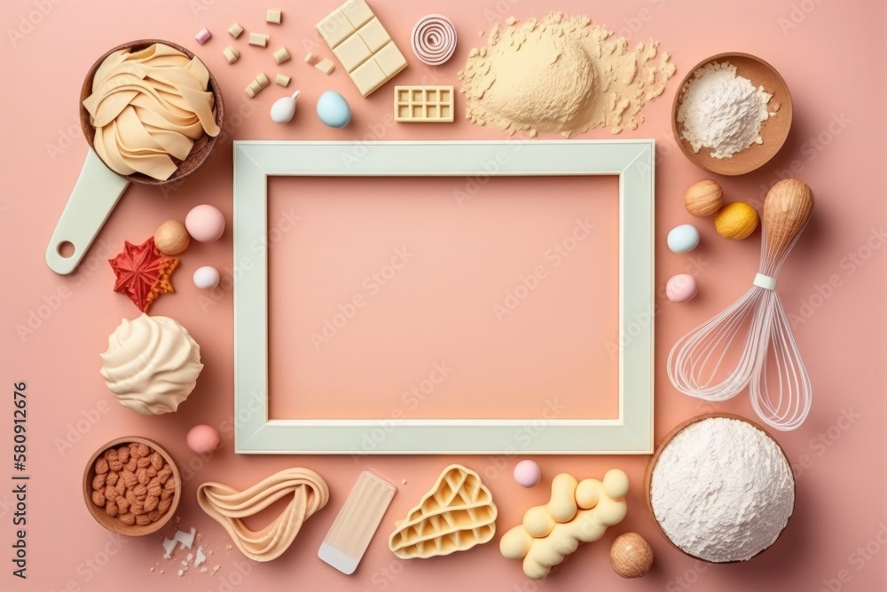 Food components for baking in a frame against a soft pink pastel background. flat lay of food with c