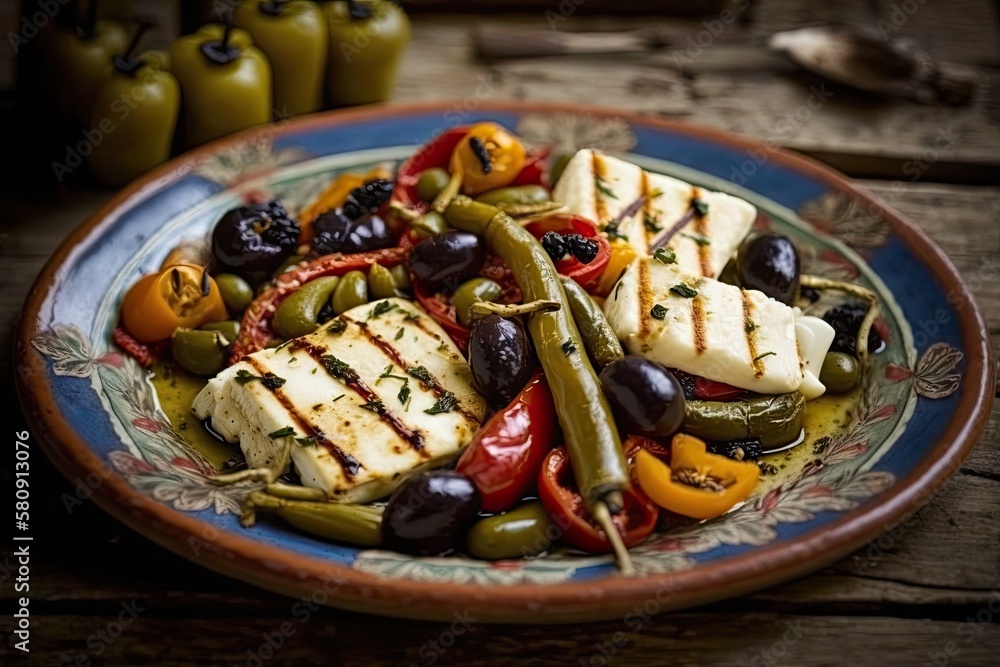 Olives and peppers with grilled halloumi cheese. Generative AI