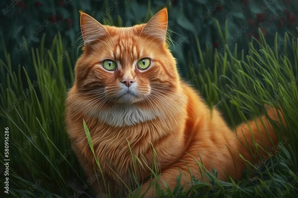 In the garden, an orange cat is sitting on the grass and gazing into the camera. On the grass, a cat