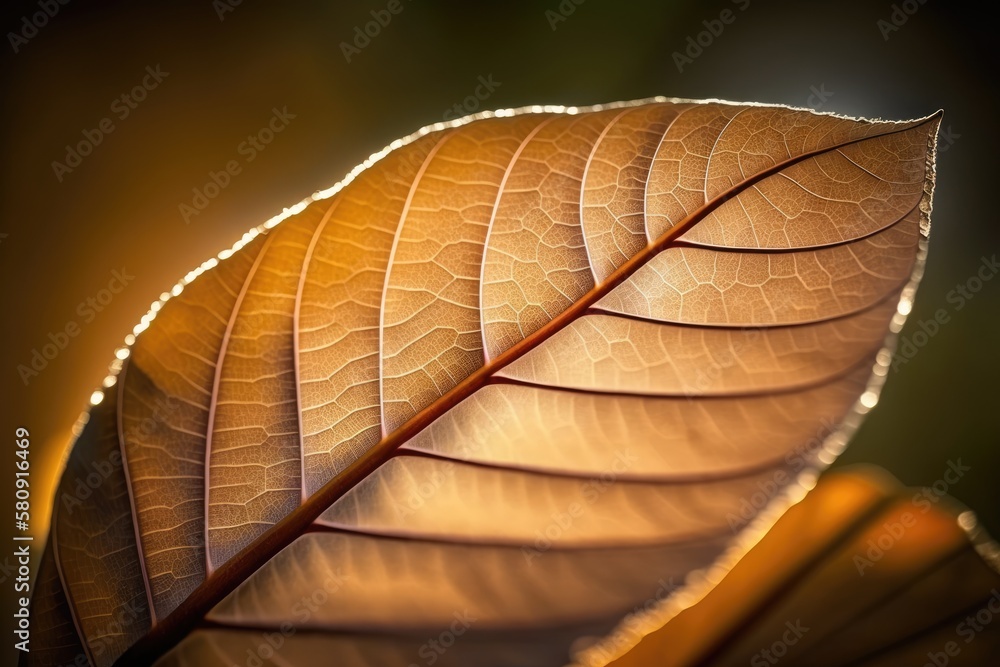 autumn magnolia leaf, very shallow focus, macro photography. Generative AI