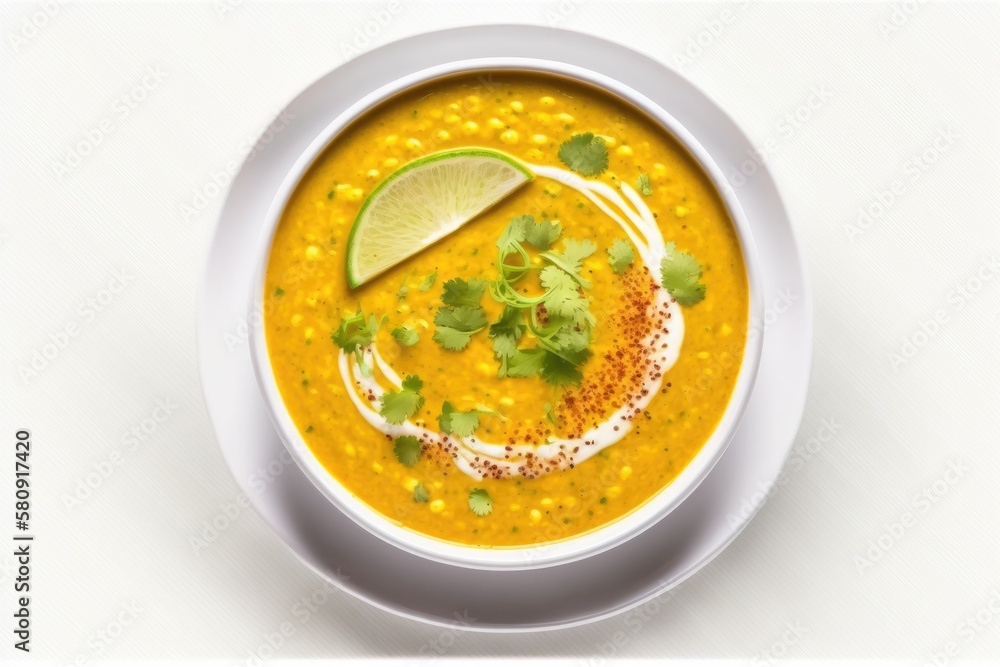 Vegan and vegetarian dish, spicy lentil dahl soup bowl. Indian cuisine, masala hot dal meal isolated