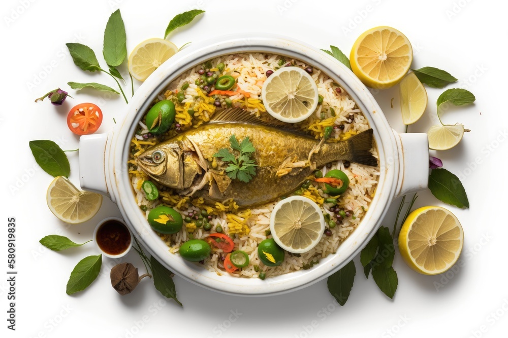 View of fish biryani from above, on a white background. Generative AI