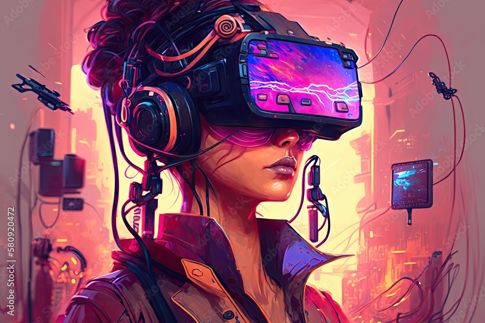 Virtual reality, illustration, cyberpunk, and metaverse vr simulation gaming. Generative AI