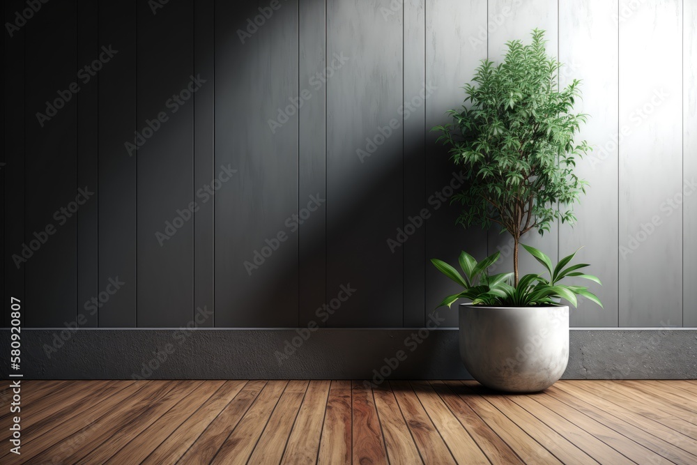 Grey wall and wooden floor background with planter (). Generative AI